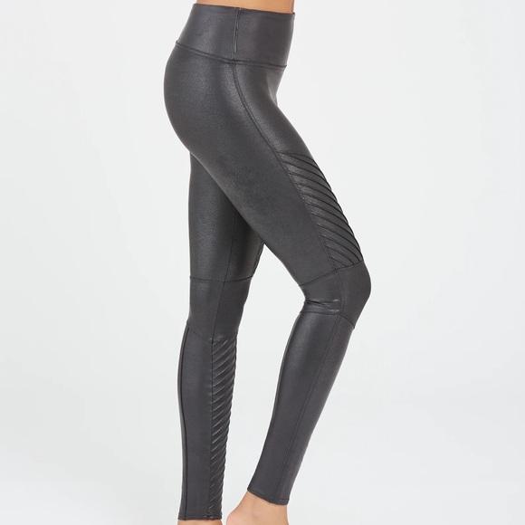 SPANX- Faux Leather Moto Leggings, Black, Size L - Picture 7 of 7